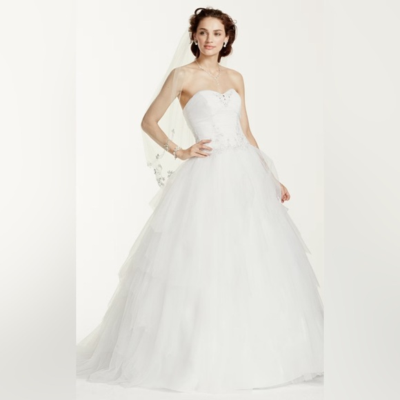 JEWEL Davids Bridal Tiered Tulle Wedding Ball Gown White Beaded Strapless Train - Picture 2 of 16